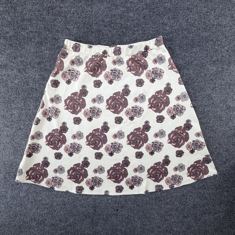 Downeast Basics Skirt Womens Large 30" White Floral Rose A Line Knit Lined Midi